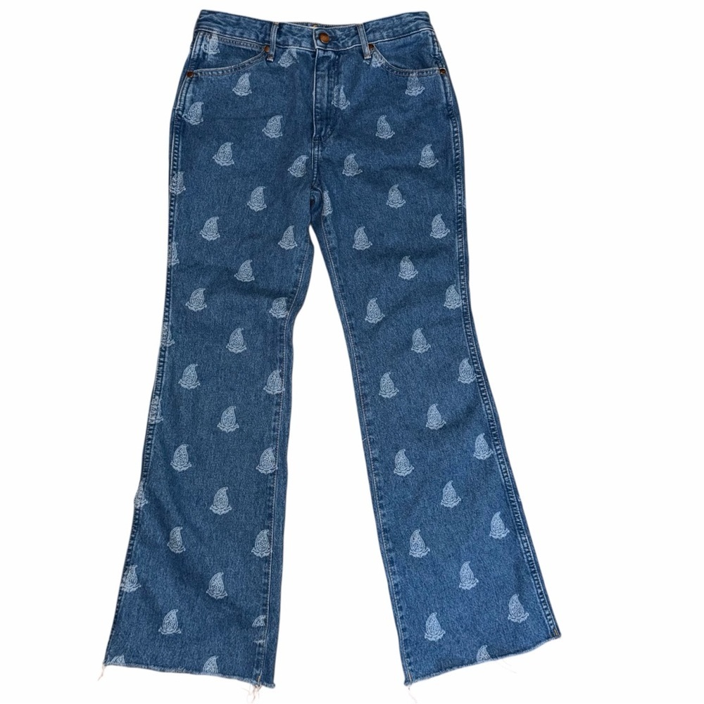Wrangler Blue Denim Flare Jeans with Light Patch Print